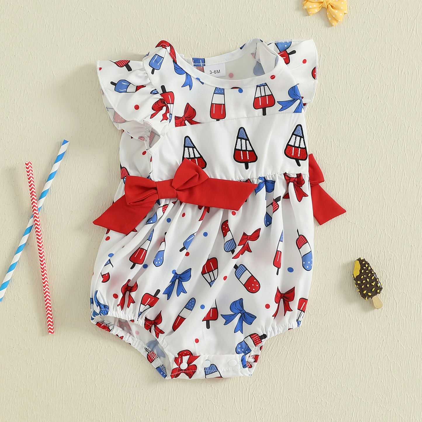Baby Girl 4th of July Romper Flying Sleeve Round Neck Ice Cream Printed Bow Bodysuit
