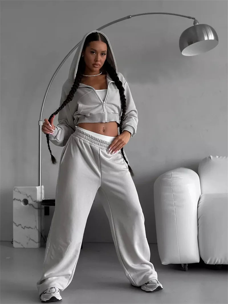 Sweatshirt Two-piece Suit Women's Casual Sports Sets Sexy High-waist Hoodies Short Zip-up Jacket Straight Trousers 2-piece Sets