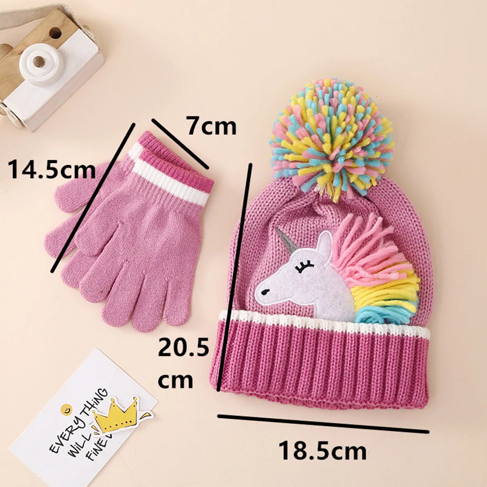 Children's Winter Caps Cartoon Unicorn Knitted Hat Gloves Set Winter Girls' Warm Beanie Mitten Set For Kids 2-6 Years