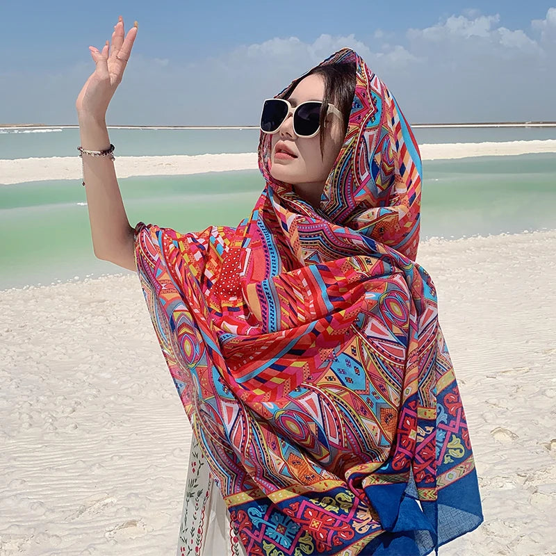 Design Brand Women Scarf Sunscreen Cotton Shawls Dual-Use Summer Autumn Long Scarves Seaside Holiday Beach Towel Beachwear Veils