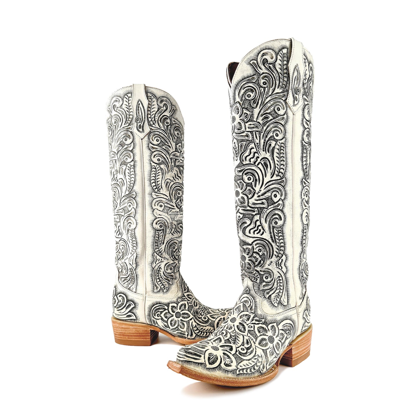 Women’s Hand-Tooled White Tall Cowgirl Boots