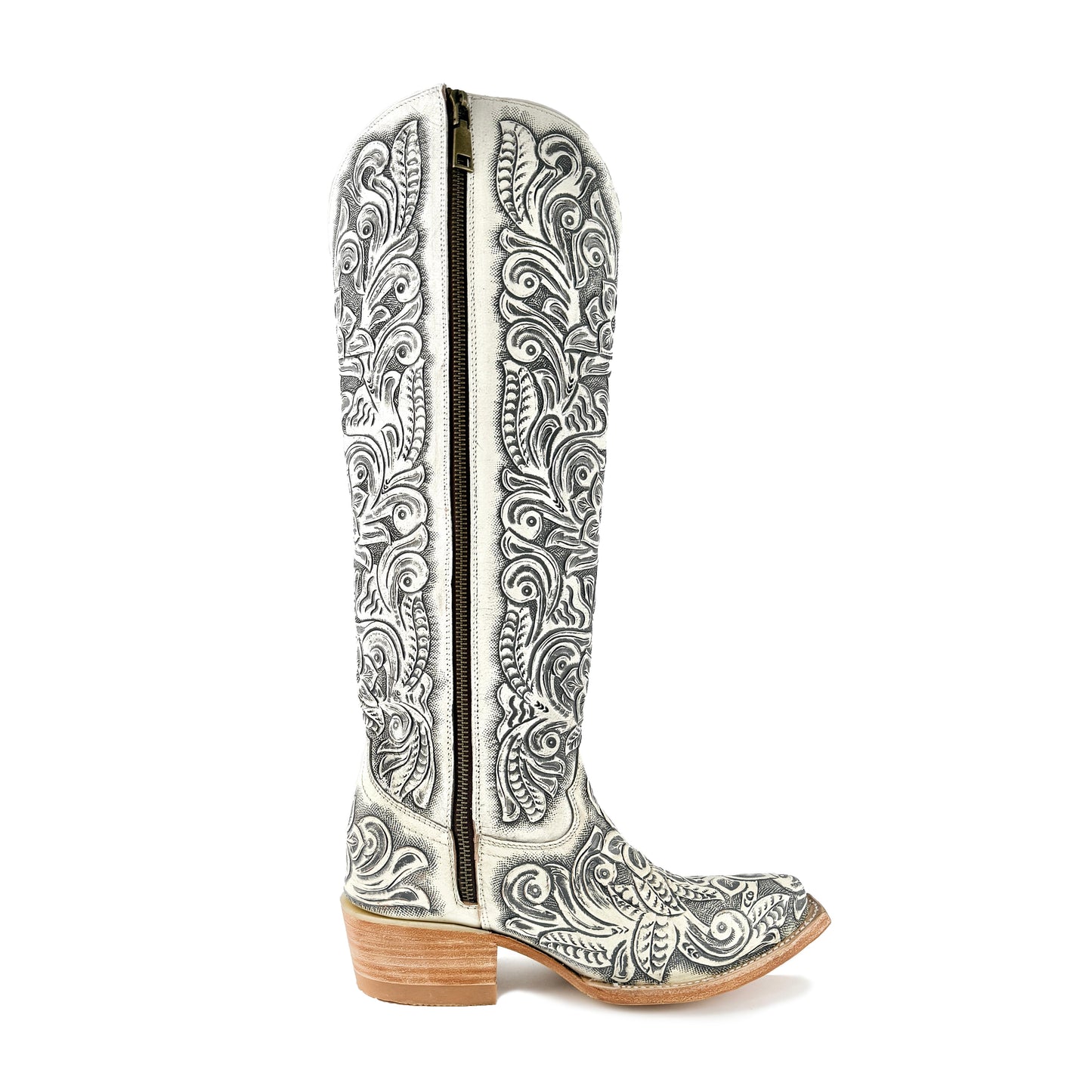 Women’s Hand-Tooled White Tall Cowgirl Boots