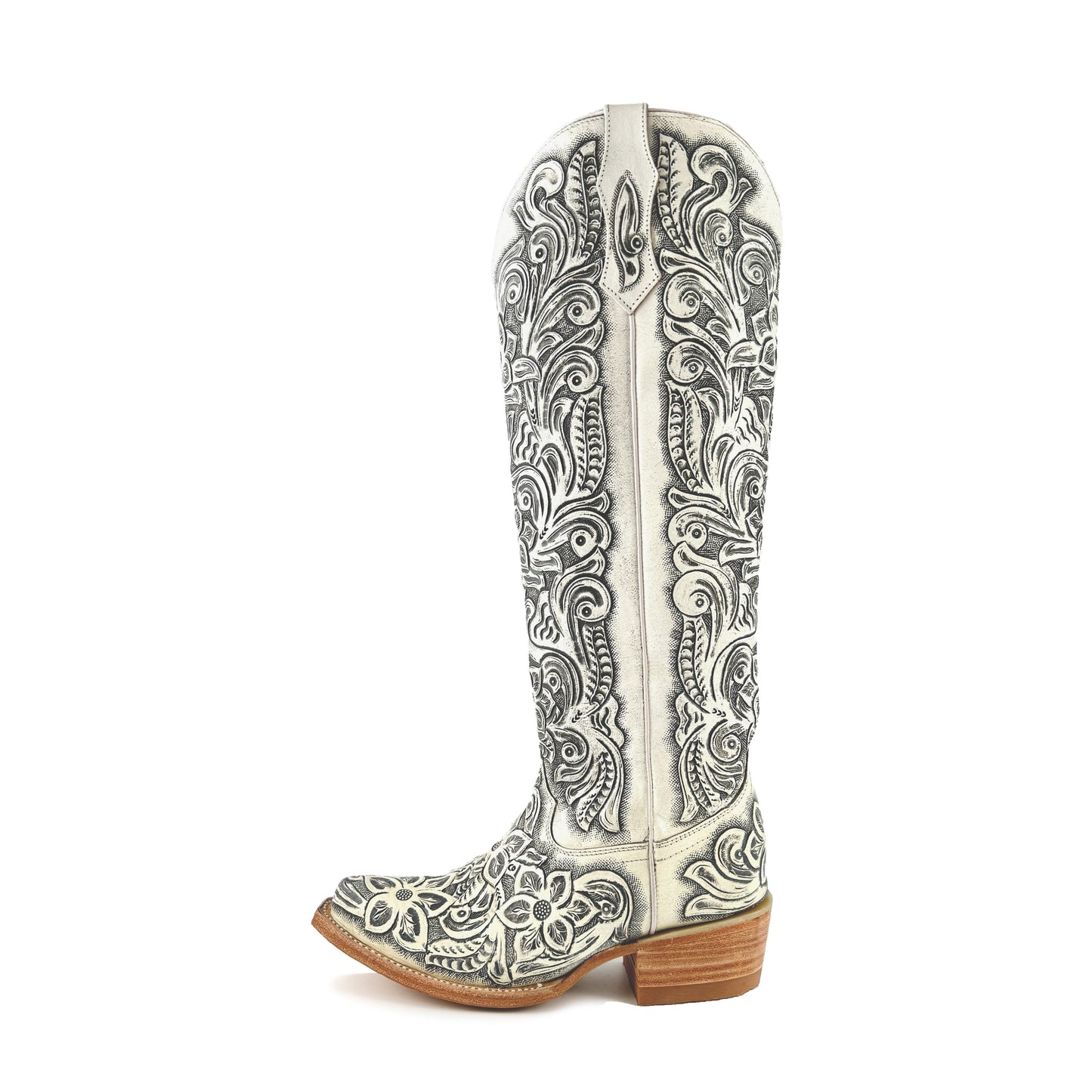 Women’s Hand-Tooled White Tall Cowgirl Boots