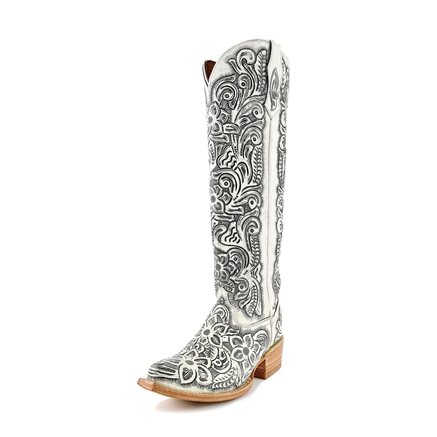 Women’s Hand-Tooled White Tall Cowgirl Boots