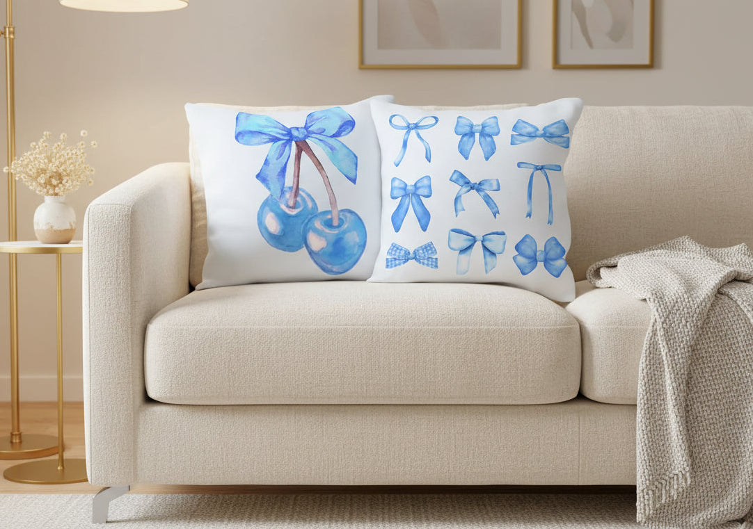 Coquette Blue Bow Cherry Decorative Pillow Covers Set of 2