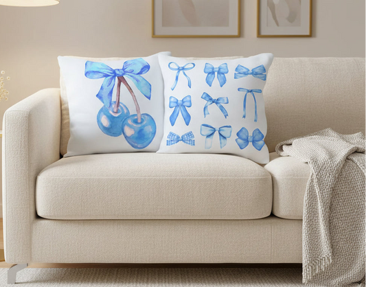 Blue Bow & Cherry Pillow Covers  18x18- Set of 2