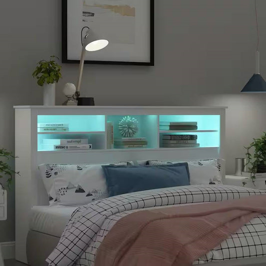 Full/Queen Bookcase Headboard with LED Lights - White Wood Finish