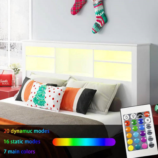 Full/Queen Bookcase Headboard with LED Lights - White Wood Finish