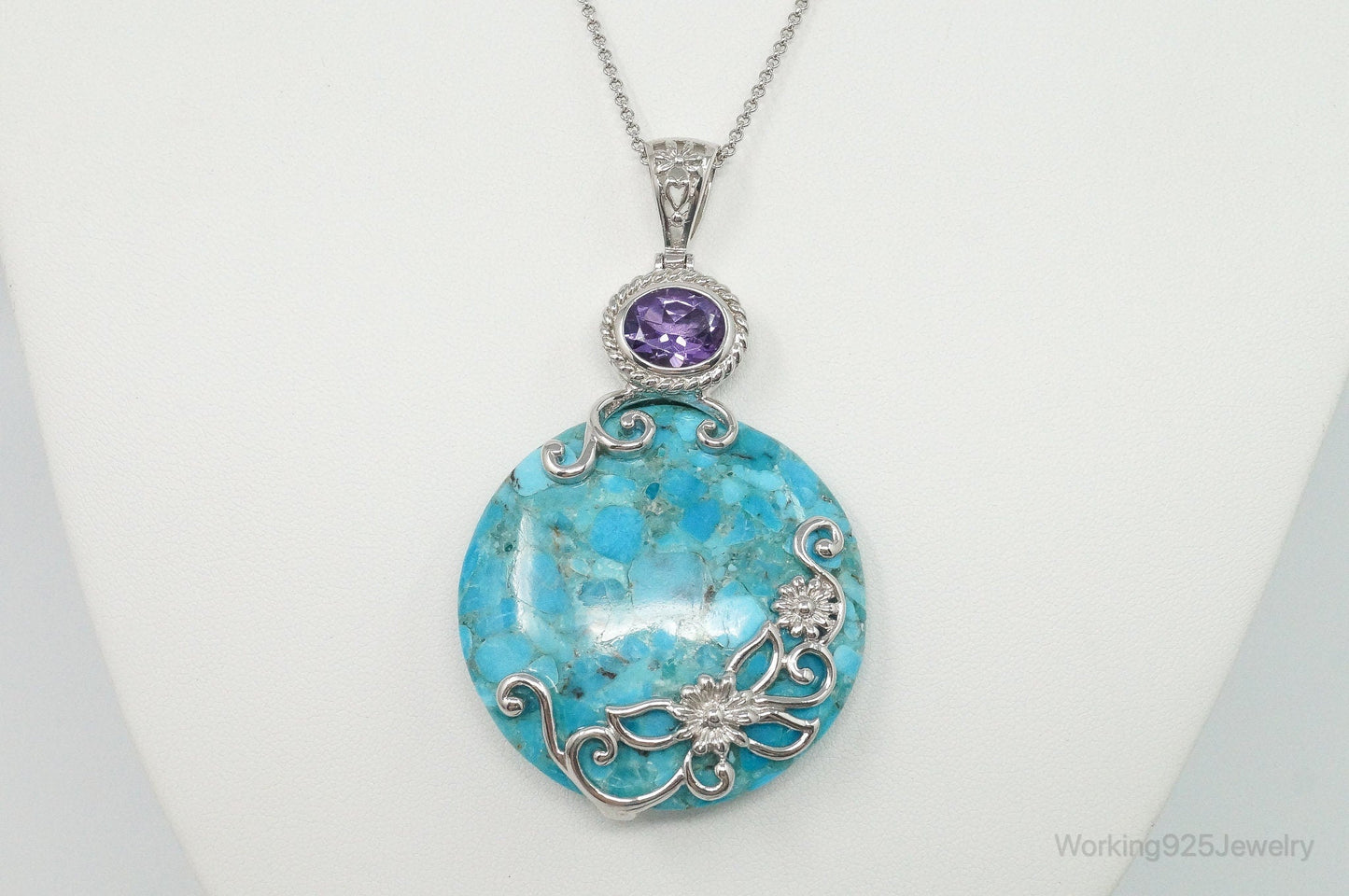 Large Blue Mojave Turquoise Amethyst Sterling Silver Necklace