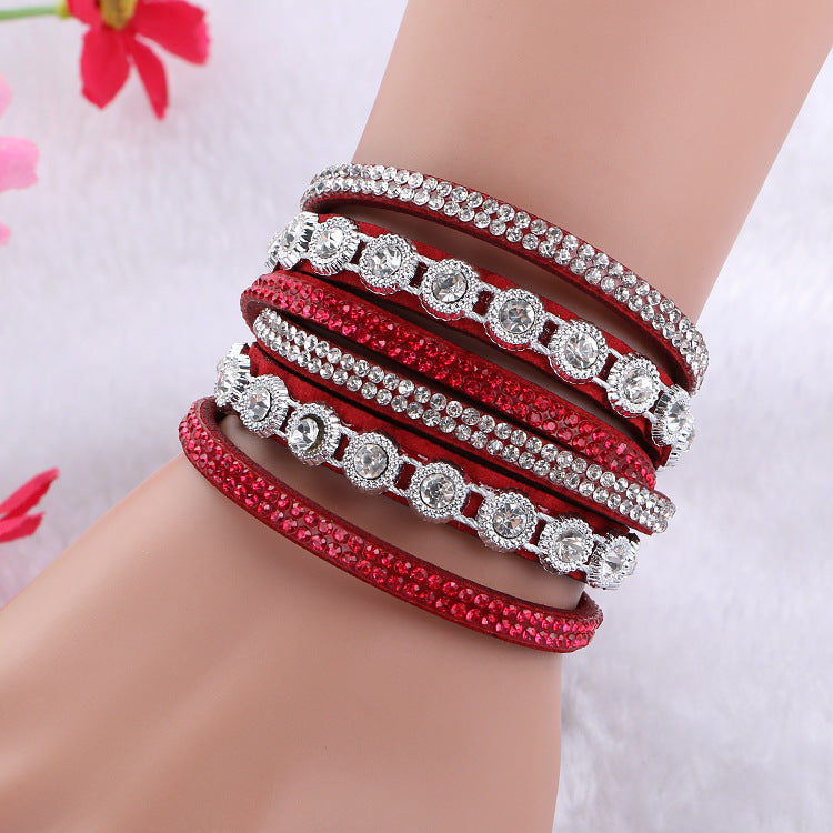 Vintage Rhinestone Layered Leather Bracelet