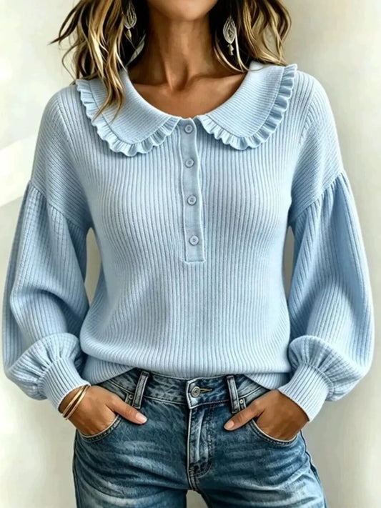 Ruffle Collar Button Detail Sweater