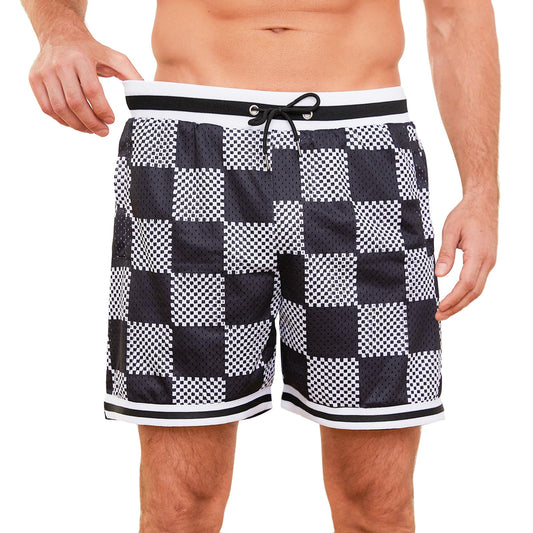 Men Basketball Athletic Shorts: Double Mesh 5.5" Retro Fashion Grids - Gym Sports Workout Training Drawstring 90s Vintage Short with Pockets