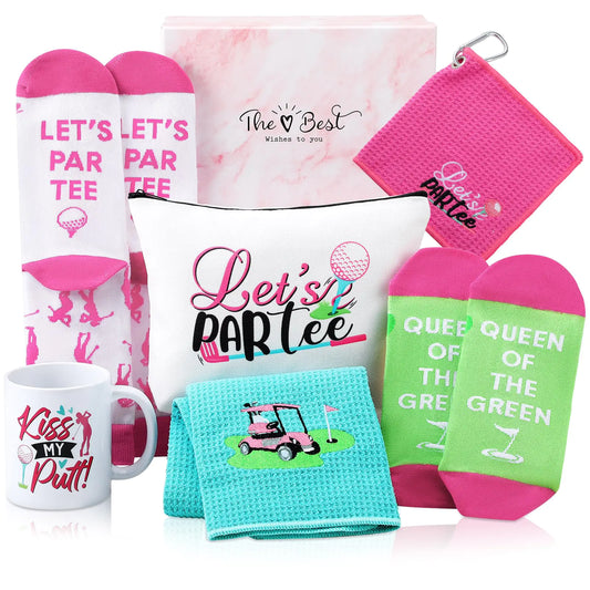 Geyoga 7 Packs Golf Gift for Women Embroidered Golf Towels with Golf Makeup Bag Mug Golf Socks Ankle Tab Socks Golf Accessories with Gift Box Golf Gifts for Women Birthday Gift