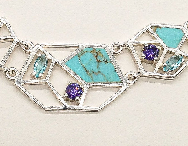 Amethyst, Blue Topaz & Turquoise Sterling Silver Necklace