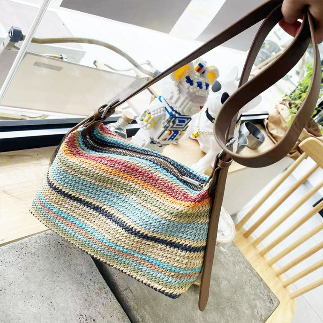 Summer Rainbow Straw Bag for Women – Casual Large Capacity Beach Vacation Shoulder Fashion Bag Hobo