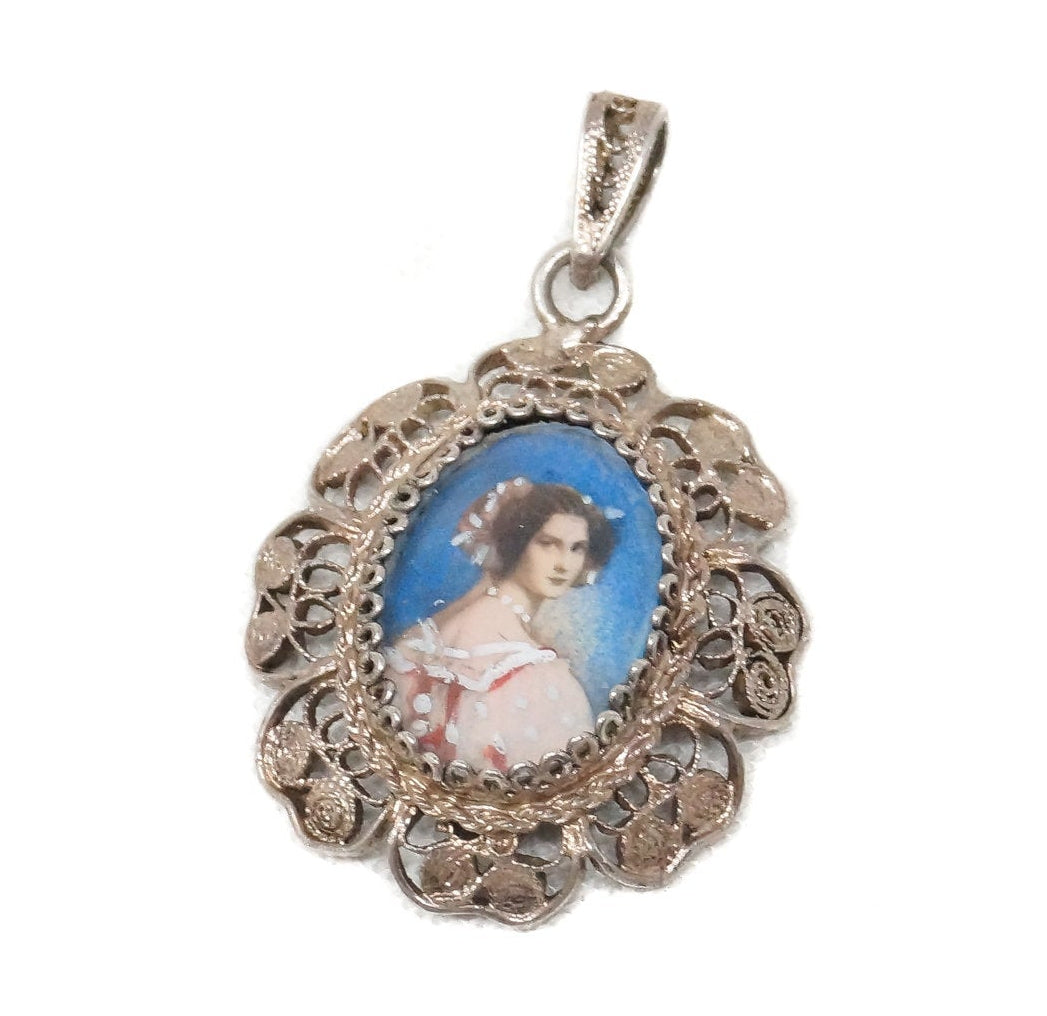 Antique Edwardian Woman Filigree Sterling Silver Necklace Pendant