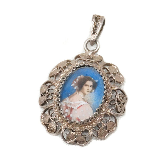 Antique Edwardian Woman Filigree Sterling Silver Necklace Pendant