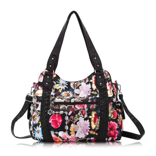 Washed PU Leather Shoulder Tote, Black