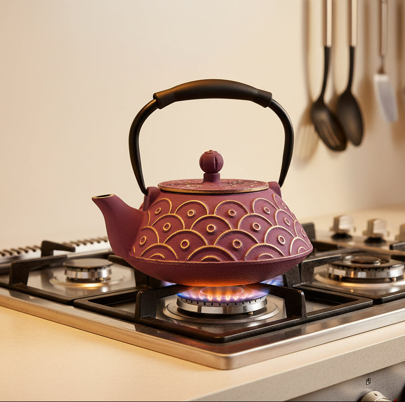 27oz Cast Iron Teapot with Infuser – Fish Scale Pattern