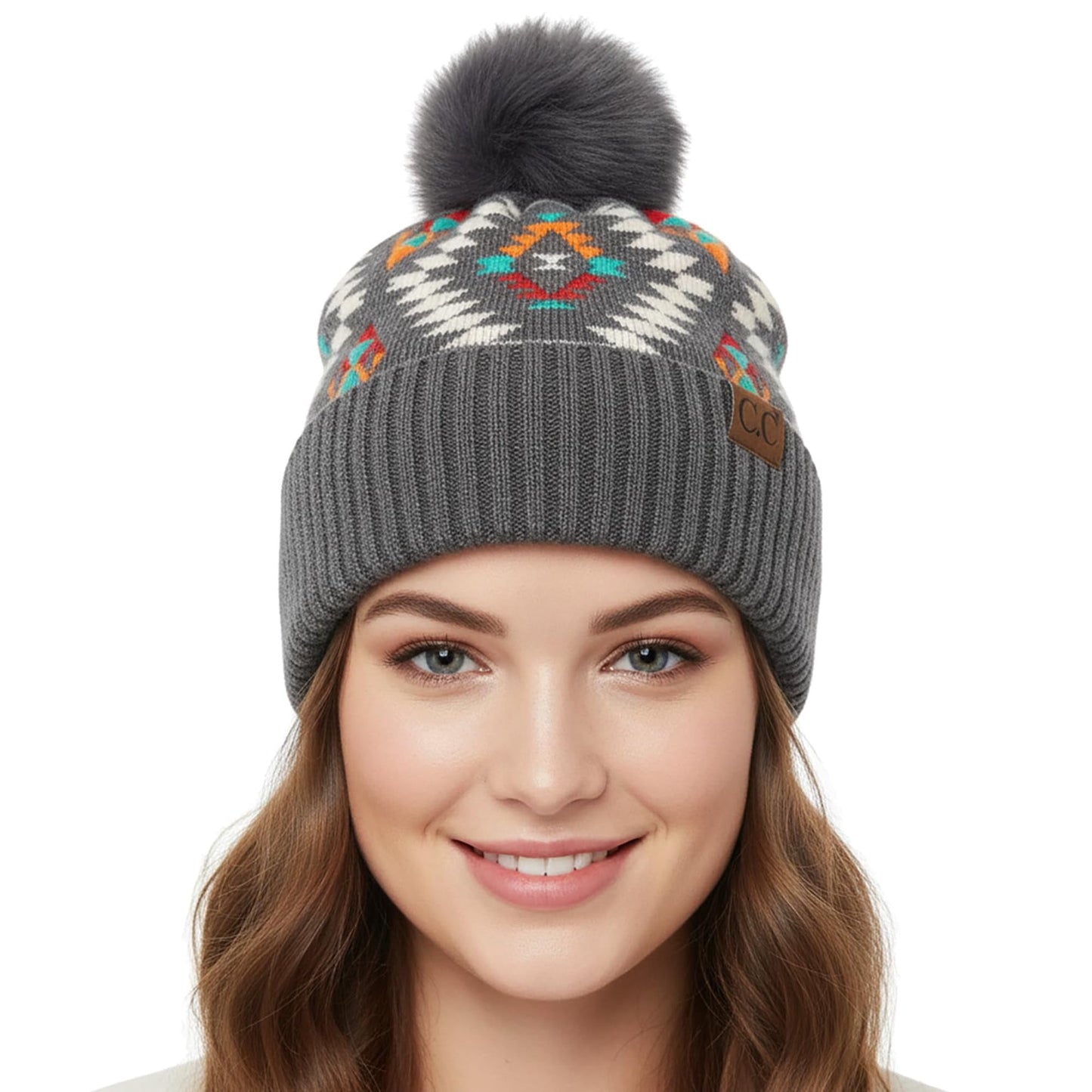 C.C Soft Aztec Pattern Beanie with Faux Fur Pom