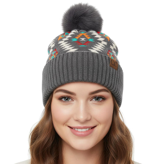 C.C Soft Aztec Pattern Beanie with Faux Fur Pom