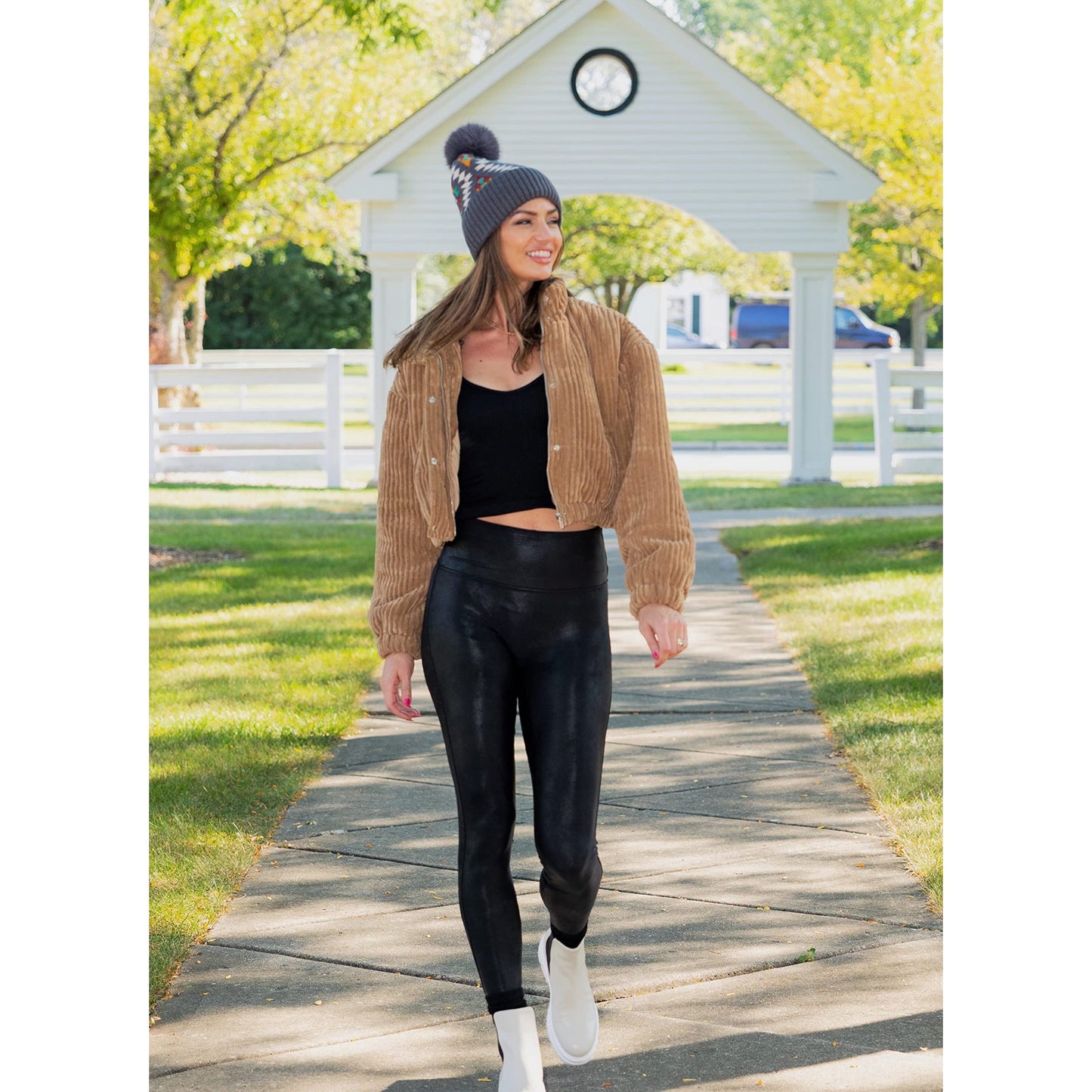 C.C Soft Aztec Pattern Beanie with Faux Fur Pom