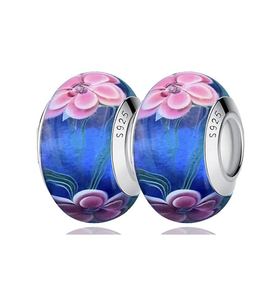 2-Pack 925 Sterling Silver Handmade Murano Glass Flower Charms