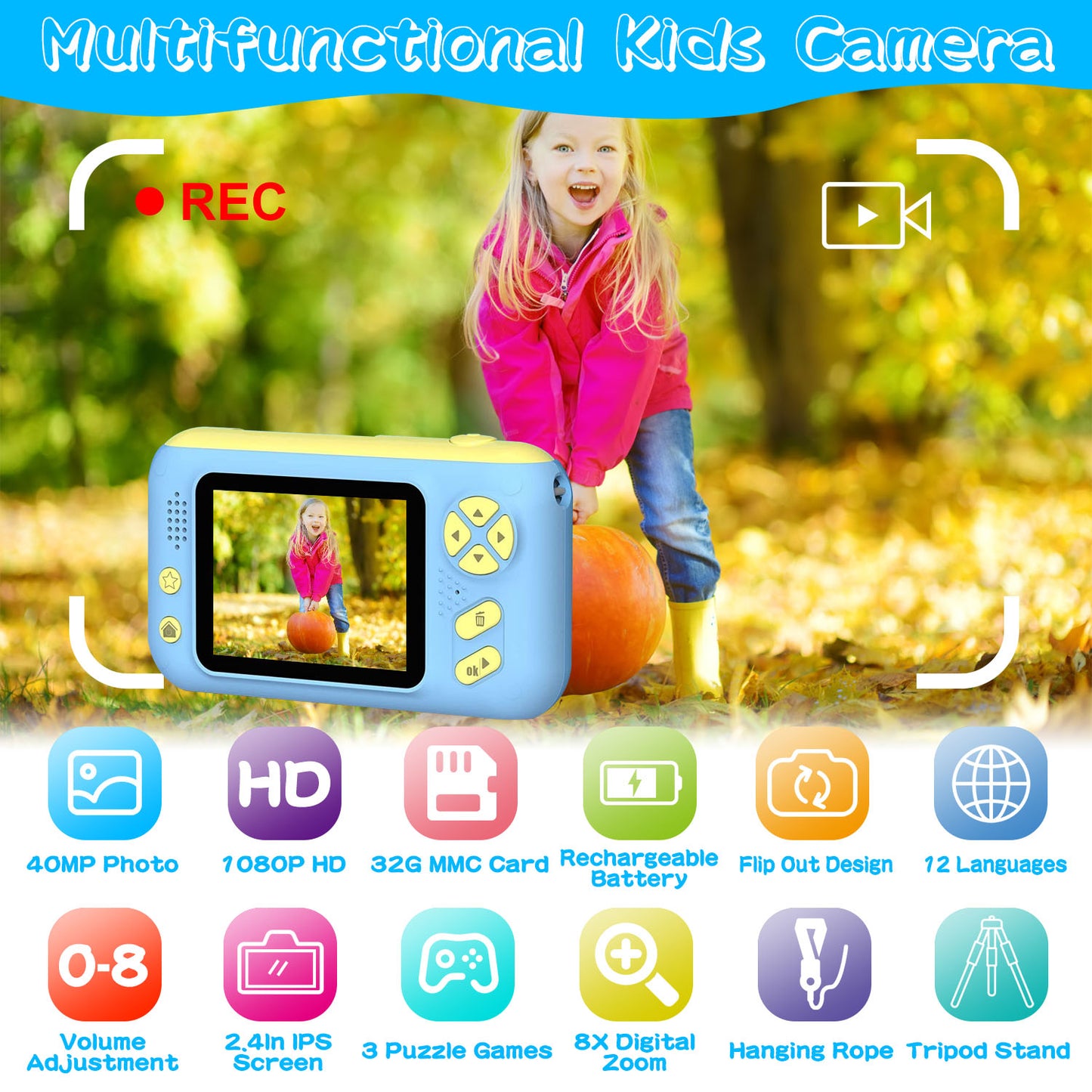 Kids Digital Camera with Flip Lens and Tripod