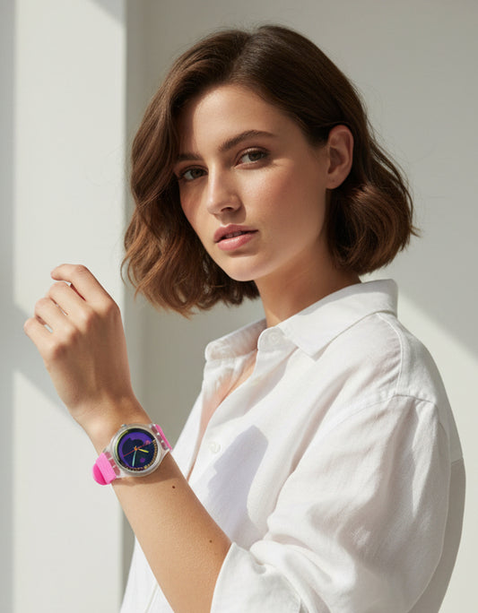 Swatch Neon Pink Podium Transparent Quartz Watch