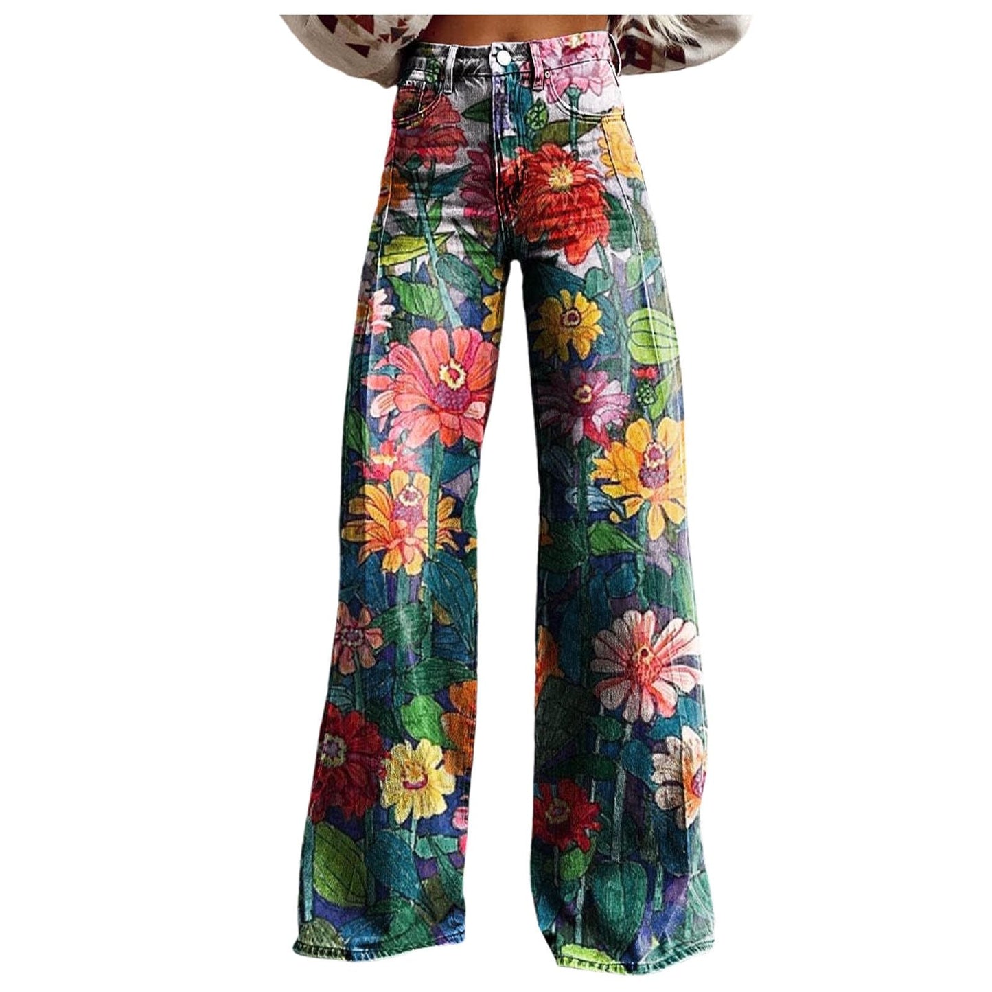 Womens Vintage 90s Floral Print Wide Leg Jeans High Waisted Straight Stretch Pants Flare Trousers (1F-Dark Green XL)