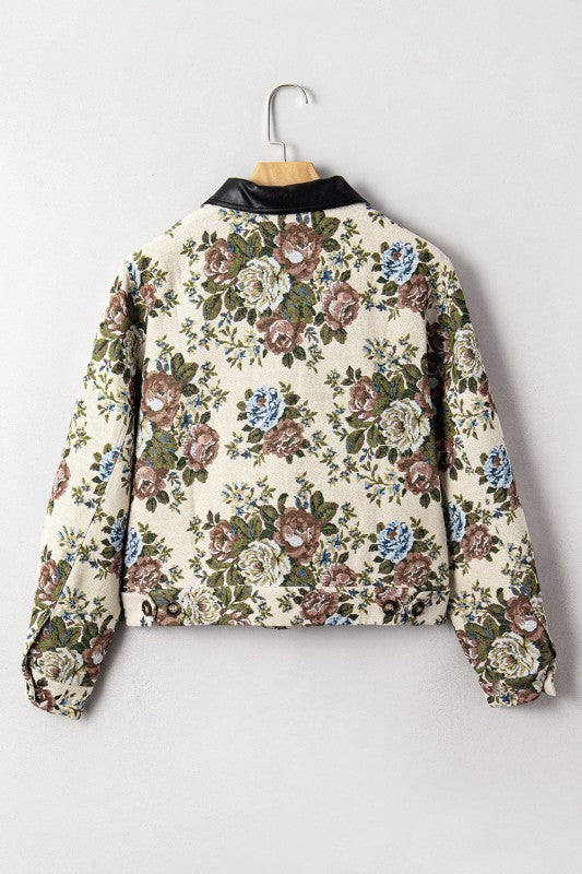 Miss Sparkling |Floral Zip-Up Contrast Collared Jacket