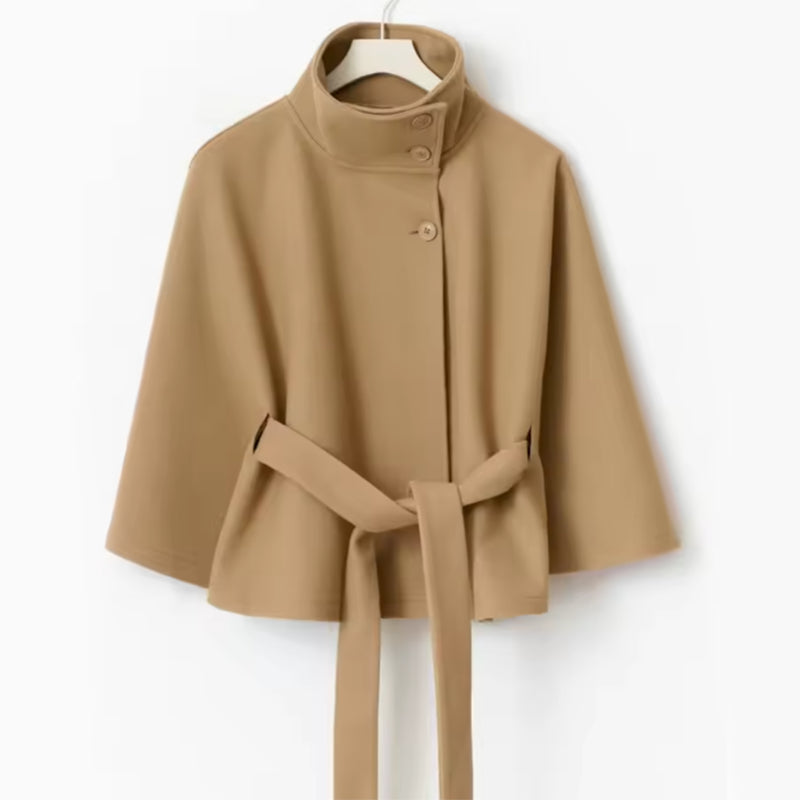 High Neck Batwing Sleeve Coat with Belt