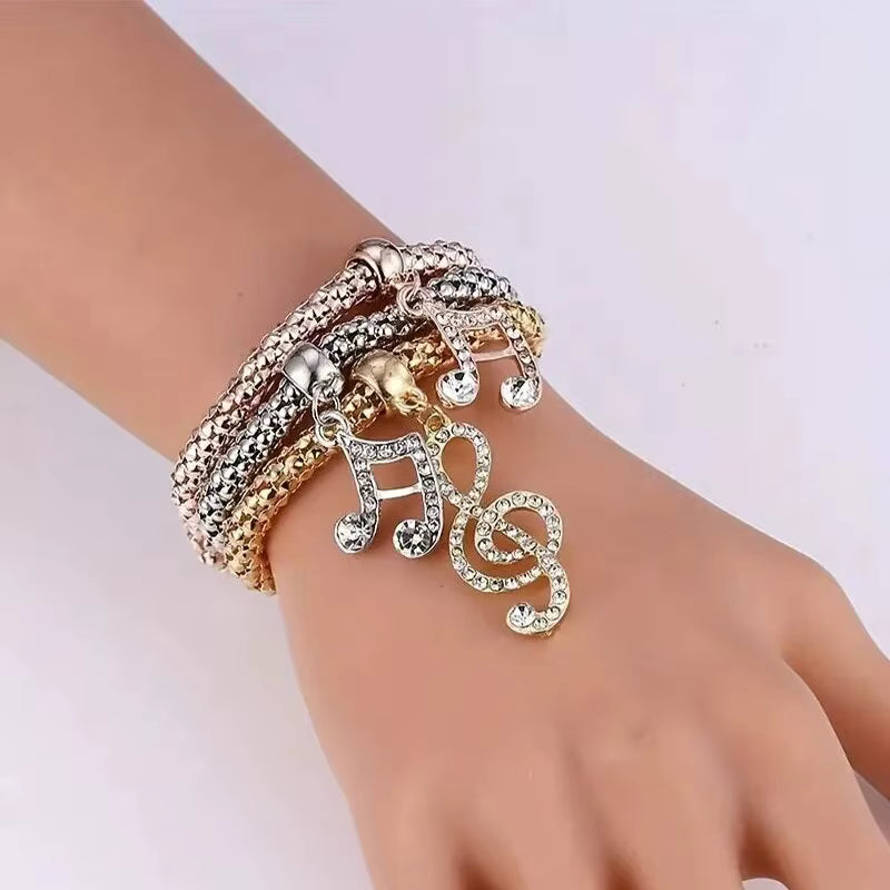 Rose Gold Plating Silver Color Chain Charm Bangle Jewelry Set