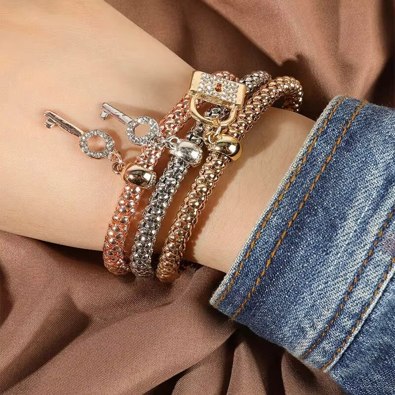 Rose Gold Plating Silver Color Chain Charm Bangle Jewelry Set