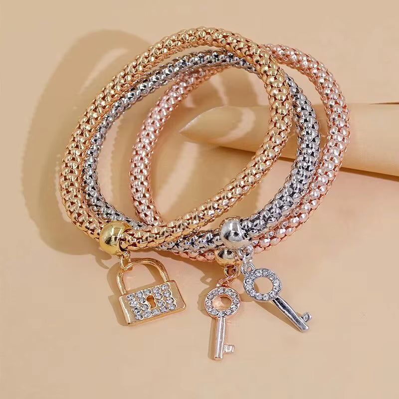 Rose Gold Plating Silver Color Chain Charm Bangle Jewelry Set