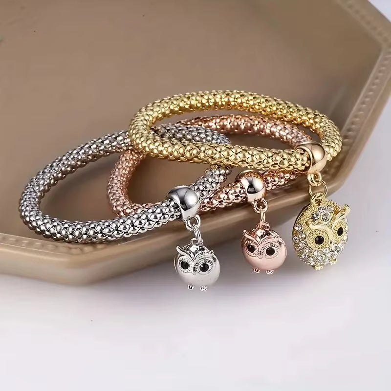 Rose Gold Plating Silver Color Chain Charm Bangle Jewelry Set