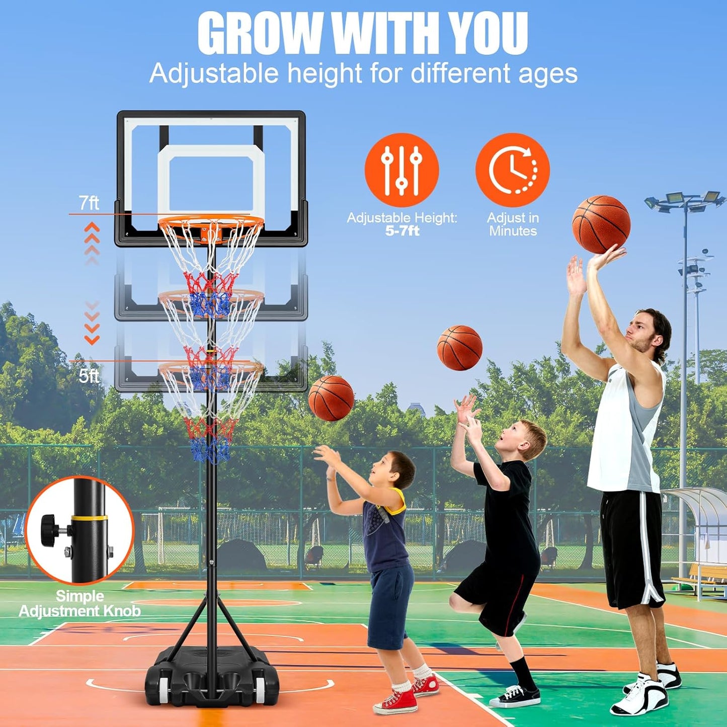 Kids Outdoor Basketball Hoop - 5-7ft Adjustable Height 32in Backboard