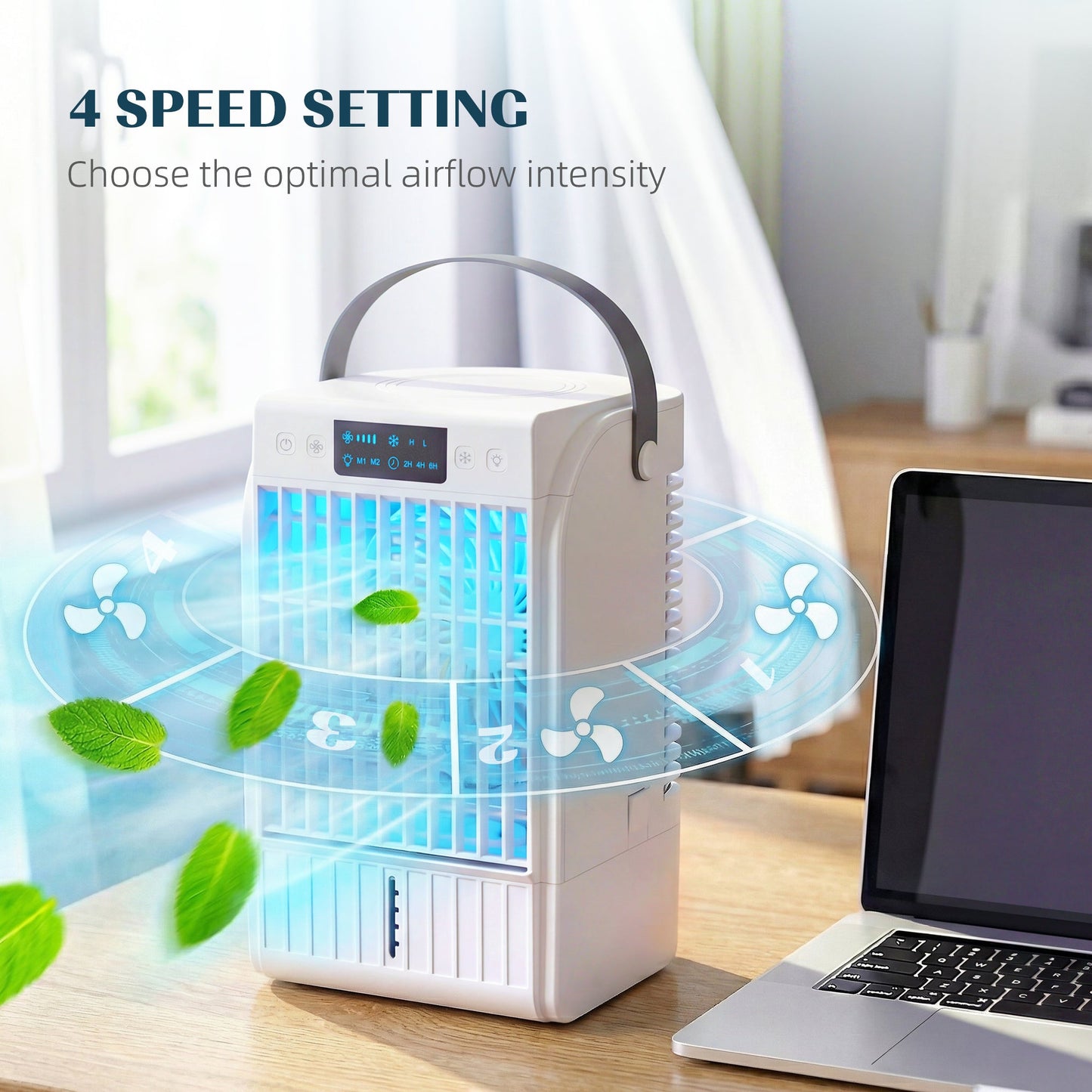 Portable Air Conditioner, 4-in-1 Mini Air Cooler with 4 Wind Speed, 2 Mist Mode, RGB 7 LED Light