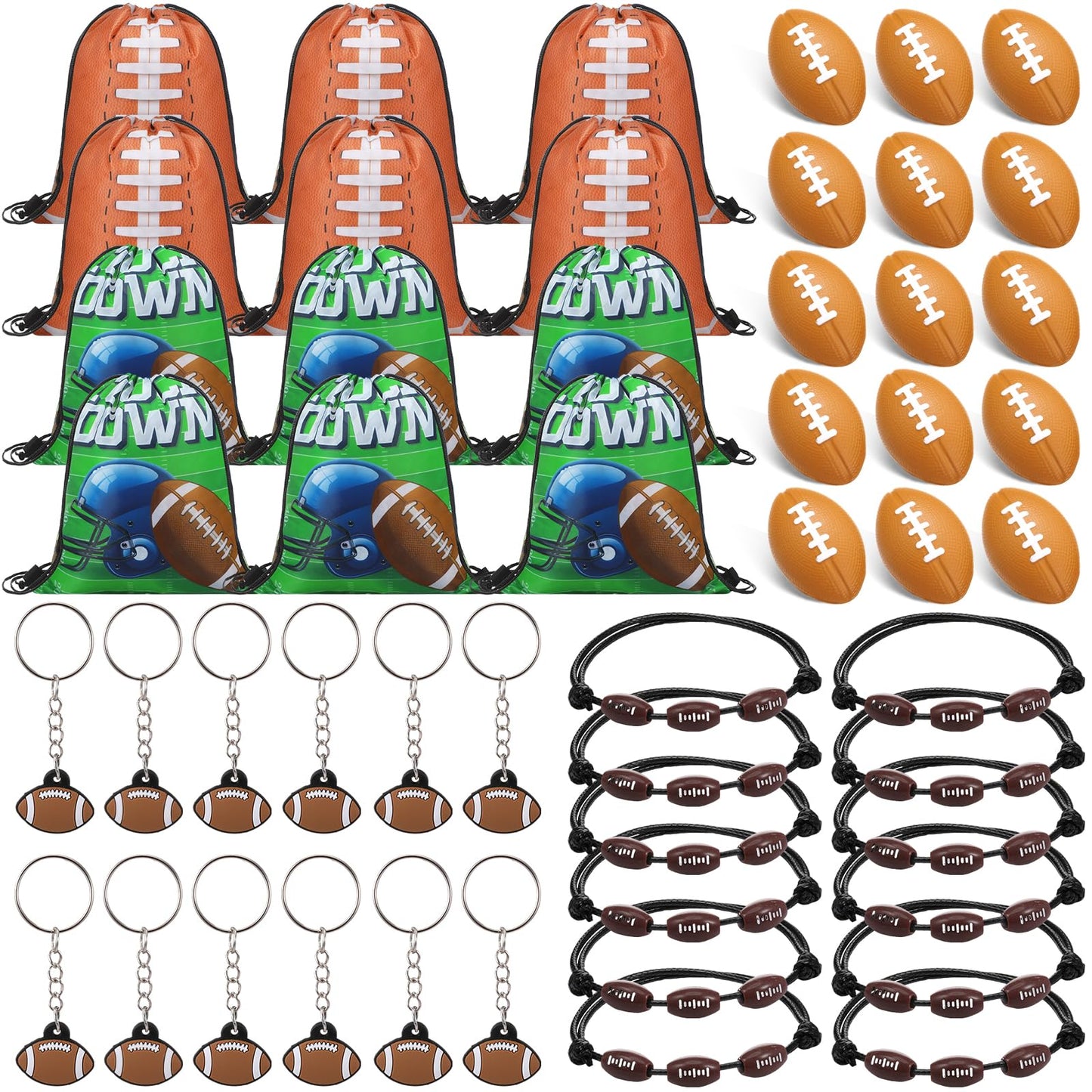Poen 48 Pcs football Party Favors football Themed Supplies Include 12 football Drawstring Backpack 12 Mini football 12 football Keychain 12 football Wax Thread Braided Bracelet Inspirational Team Gift