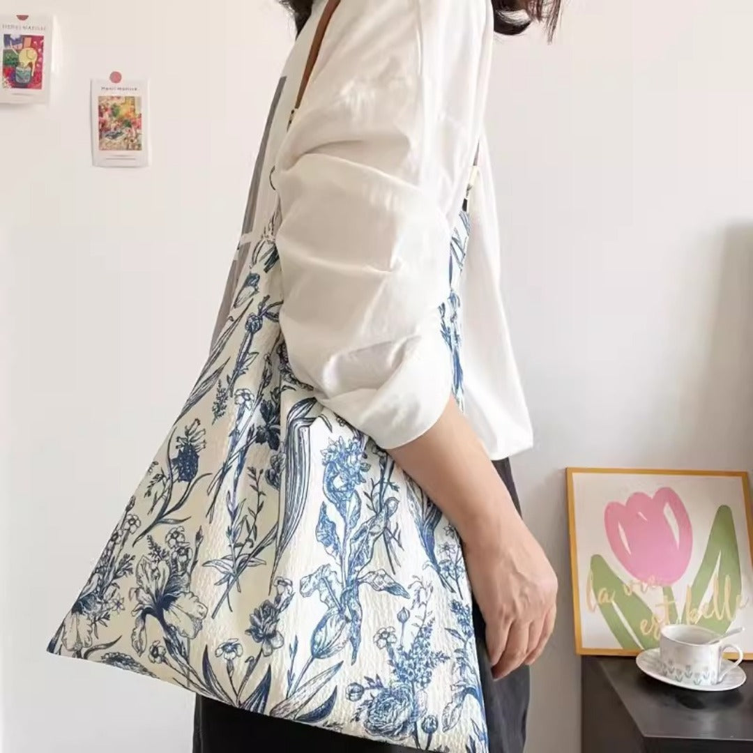 Retro Blue & White Porcelain Floral Hobo Bag