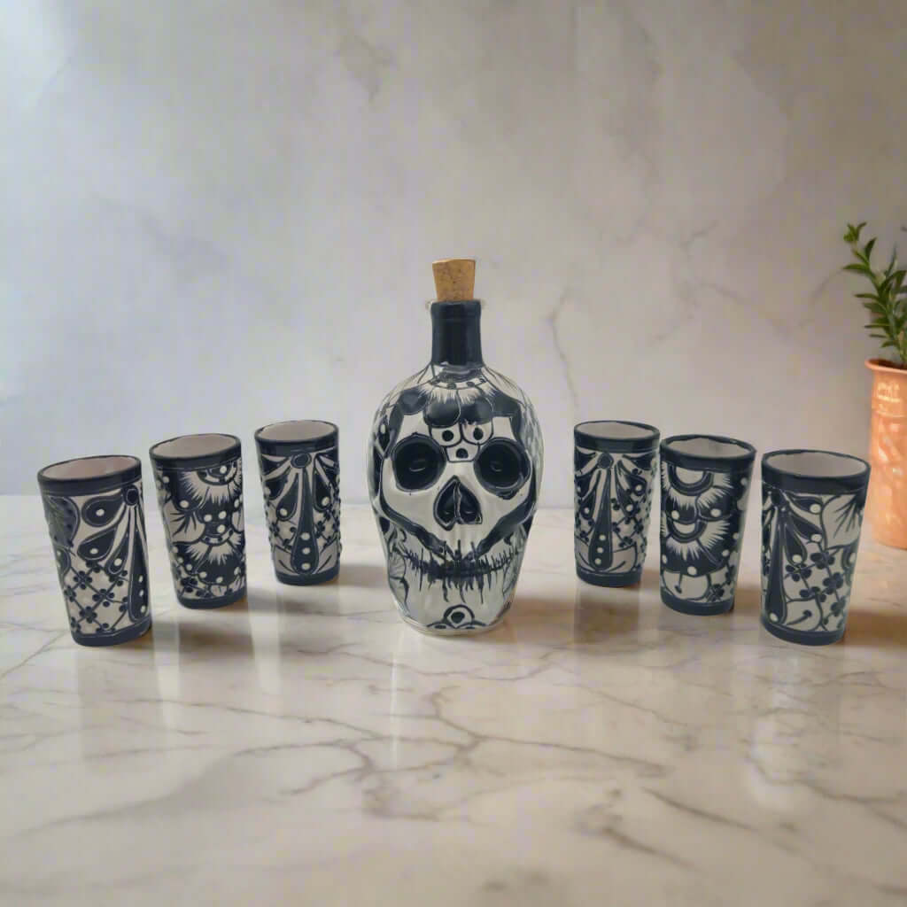 Talavera Skull Decanter with 6 Shot Glasses | Mexican Bar Set