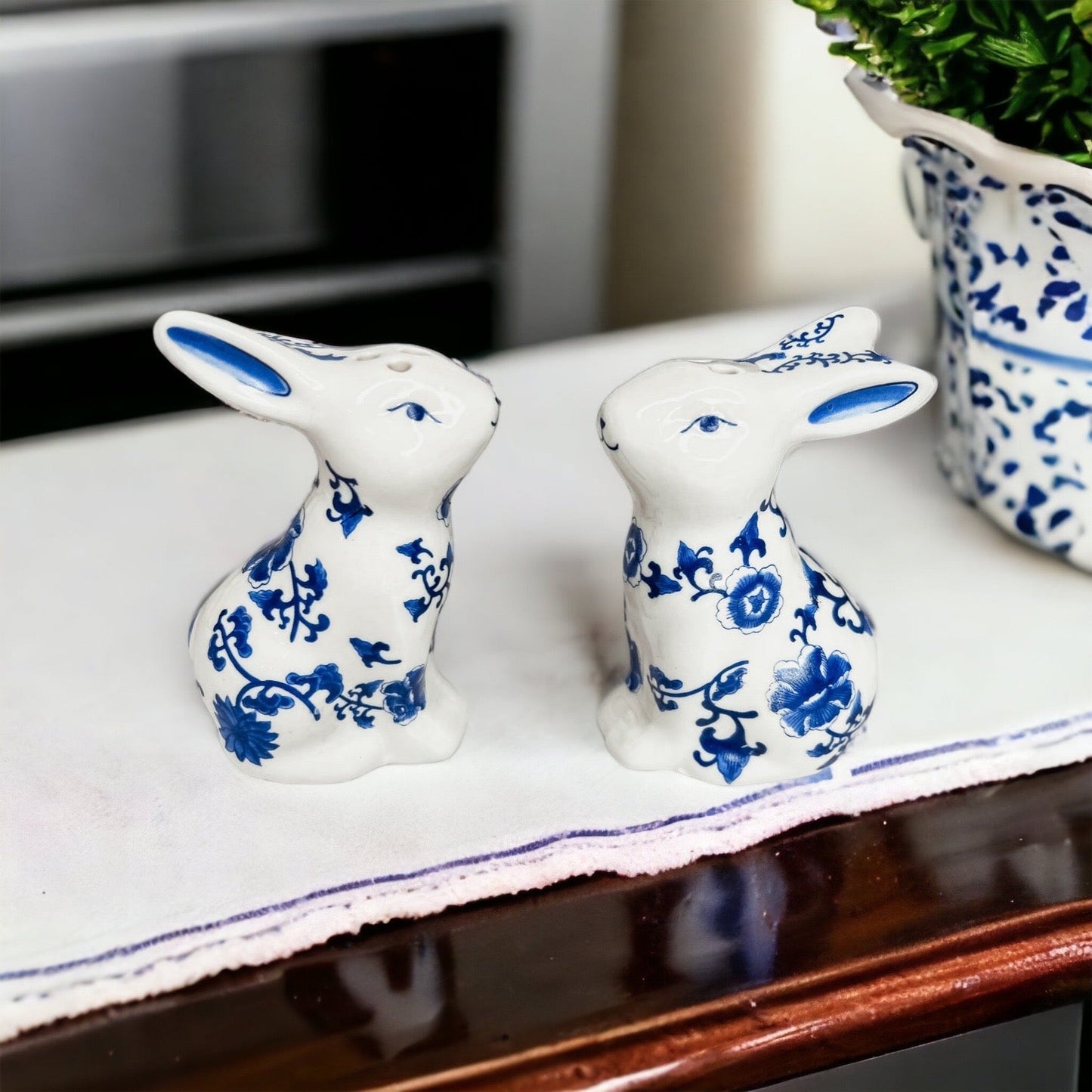 Blue Bunny Porcelain Salt and Pepper Shakers Hand-Painted Easter Spring Decor