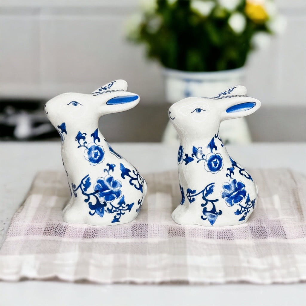 Blue Bunny Porcelain Salt and Pepper Shakers Hand-Painted Easter Spring Decor