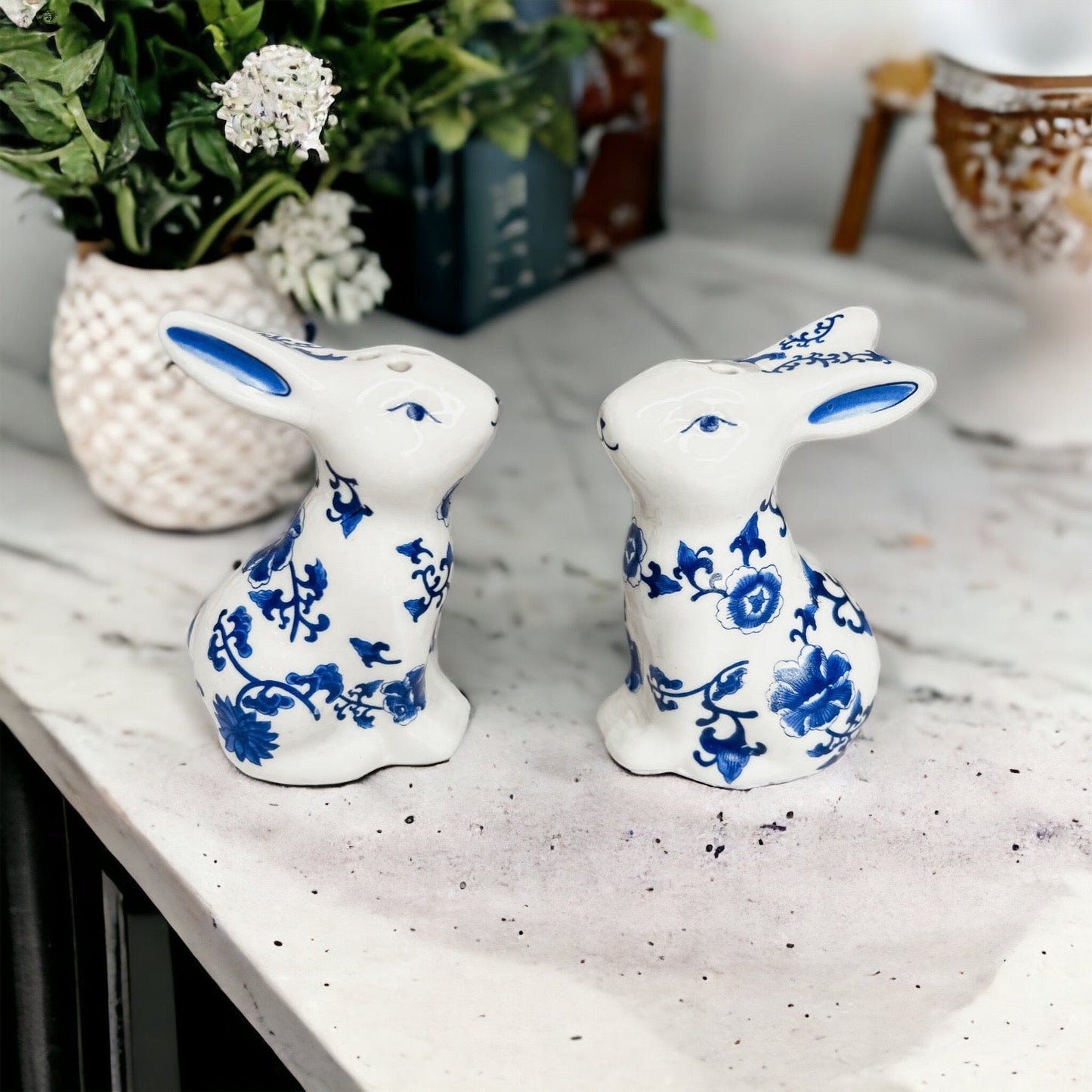 Blue Bunny Porcelain Salt and Pepper Shakers Hand-Painted Easter Spring Decor