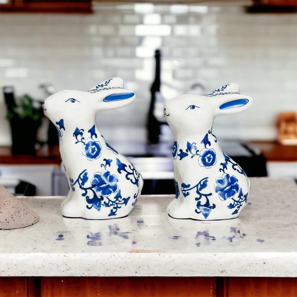 Blue Bunny Porcelain Salt and Pepper Shakers Hand-Painted Easter Spring Decor