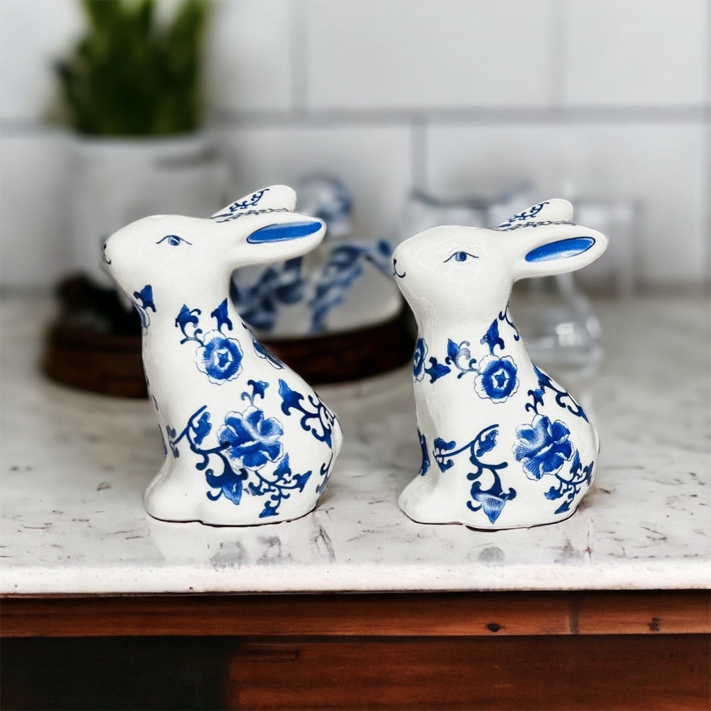 Blue Bunny Porcelain Salt and Pepper Shakers Hand-Painted Easter Spring Decor