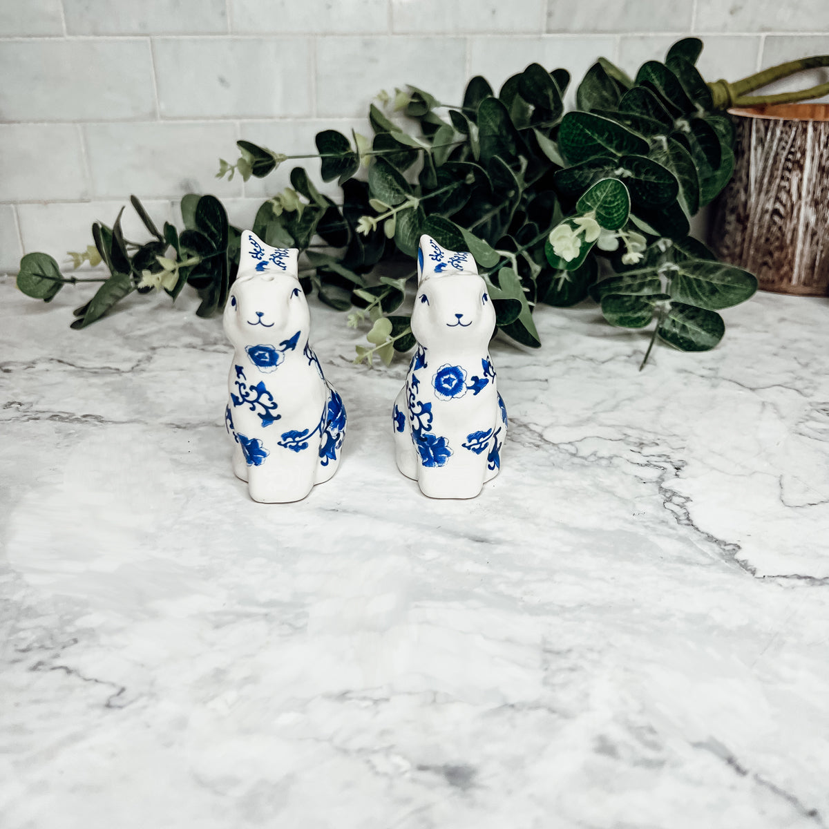 Blue Bunny Porcelain Salt and Pepper Shakers Hand-Painted Easter Spring Decor