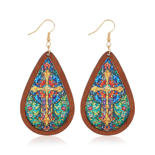 GELVTIC Bohemian Wood Teardrop Earrings for Women Acrylic Colorful Teardrop Dangle Earrings Handmade Natural Wooden Earrings Boho Geometric Flower Leaf Cross Earrings Statement Lightweight Ethnic Earrings Vintage Retro Jewelry (EA260 Wood Cross)
