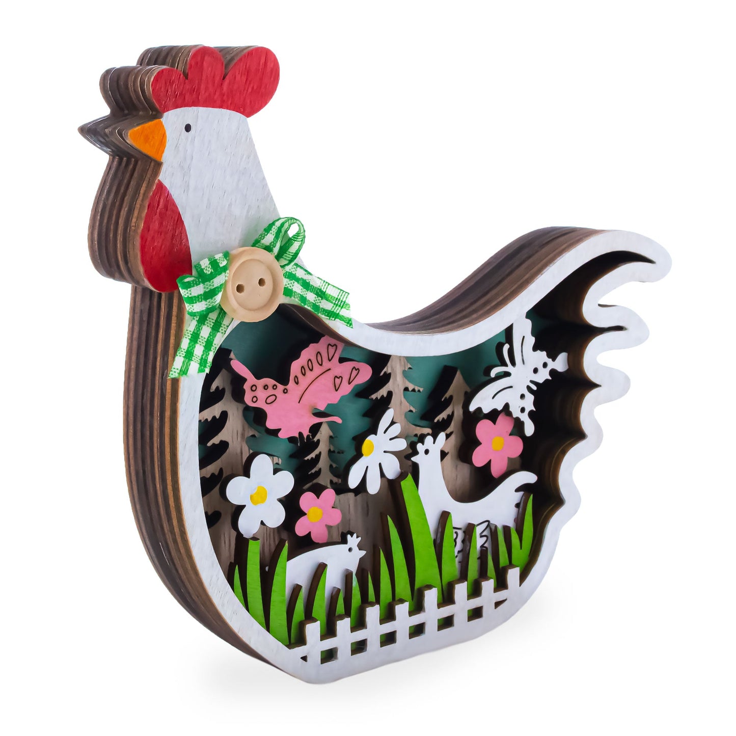 Chicken-Shaped Spring Garden Wooden Figurine with LED Lights