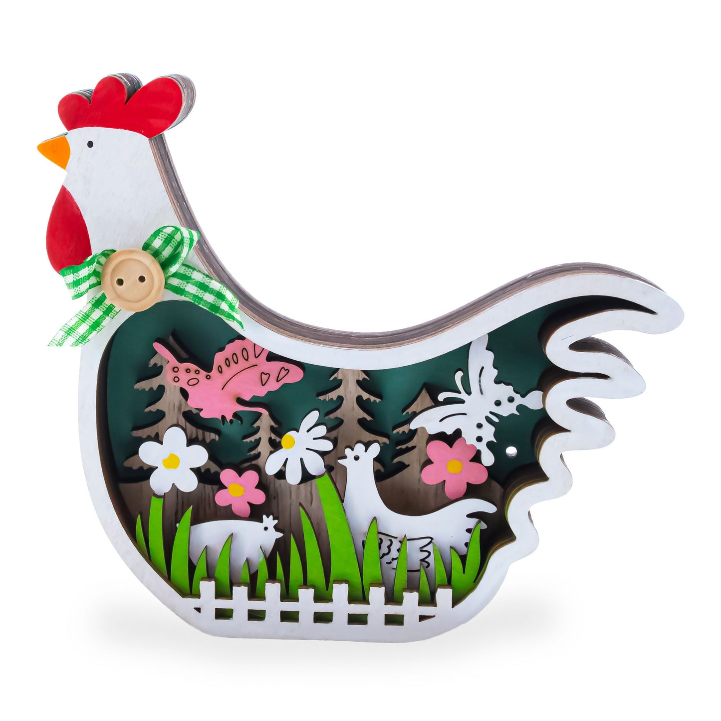 Chicken-Shaped Spring Garden Wooden Figurine with LED Lights
